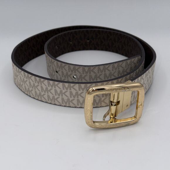 Michael Kors Logo Belt, Vanilla Brown Medium 36” Twist Reversible MK all-over - Picture 2 of 10